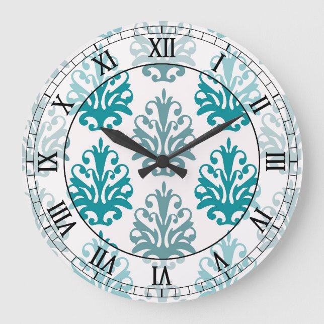 Grande Horloge Ronde ardoise bleue turquoise bleu blanc damassé chiffre (Recto)