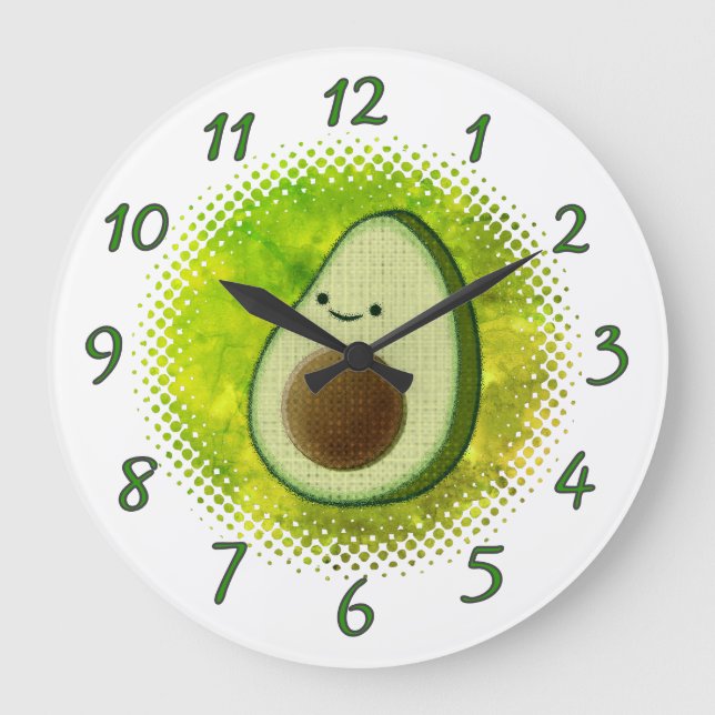 Grande Horloge Ronde Arrière - plan Aquarelle Dessin Avocado mignonne (Recto)
