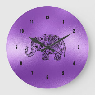Grande Horloge Ronde Arrière - plan noir Paisley Elephant brillant vio