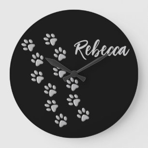Grande Horloge Ronde Arrière - plan noir Silver Dog Paws Motif d'impres