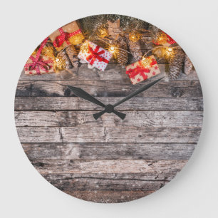 Grande Horloge Ronde Arrière - plan rustique de Noël, planches en bois.
