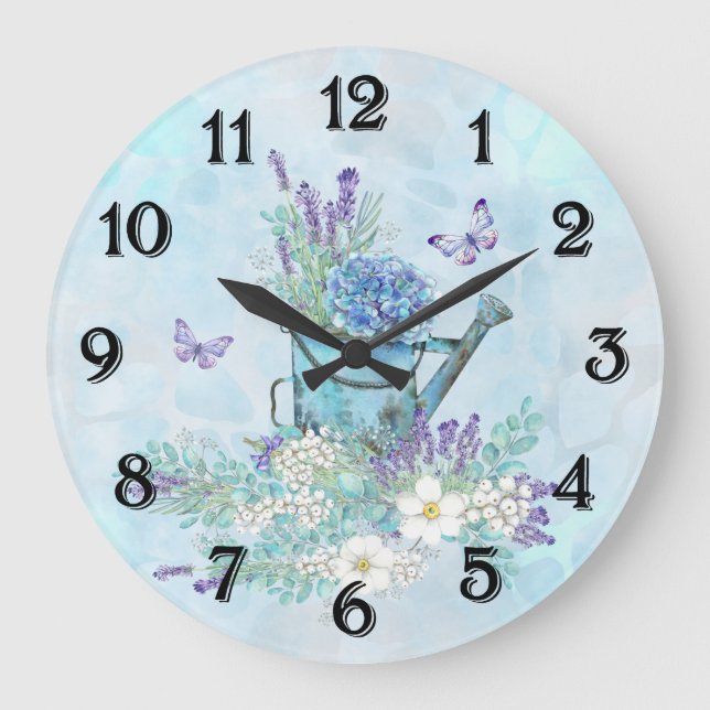 Grande Horloge Ronde Arrosage avec fleurs et papillons d'été (Recto)