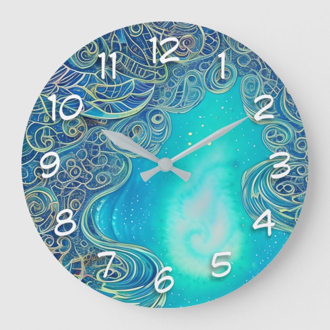 Grande Horloge Ronde Art Abstrait bleu et Turquoise (Recto)
