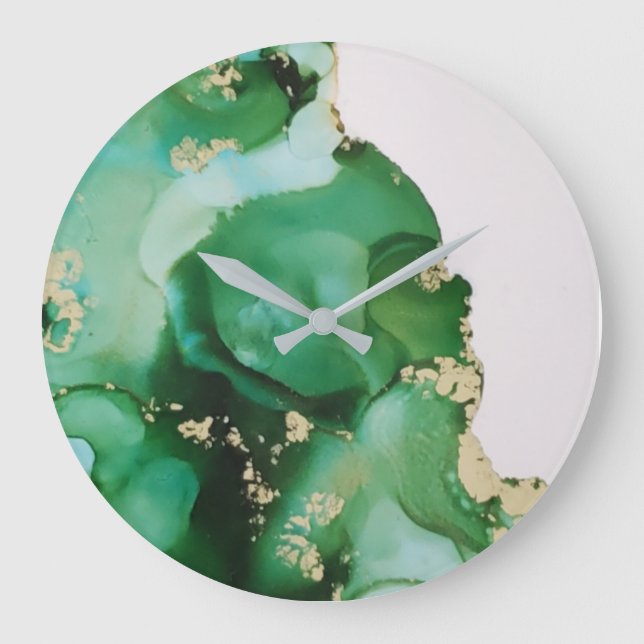 Grande Horloge Ronde Art Abstrait de fluide d'encre verte (Recto)