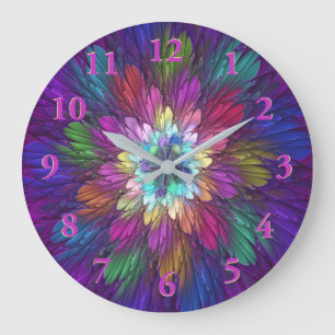 Grande Horloge Ronde Art abstrait fractal de fleurs psychédéliques colo