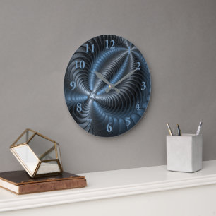 Grande Horloge Ronde Art abstrait moderne fractal bleu gris plastique 3
