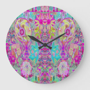 Grande Horloge Ronde Art de jardin magenta et aqua abstrait psychédéliq