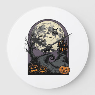 Grande Horloge Ronde Art de silhouette Halloween vintage lune chèvre ha