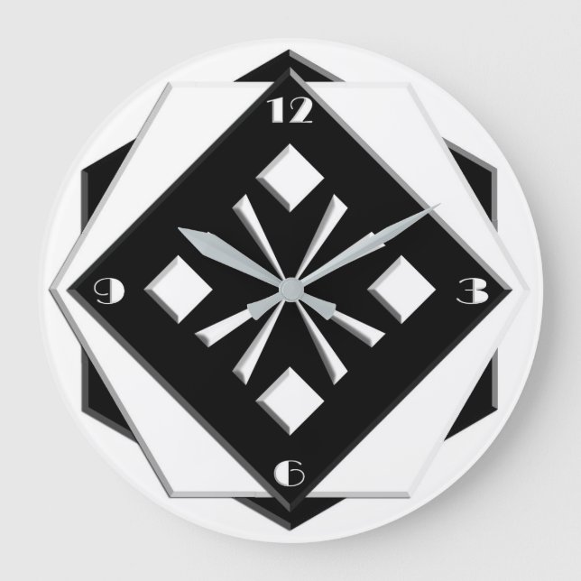 Grande Horloge Ronde Art Déco blanc sur motif géométrique noir (Recto)