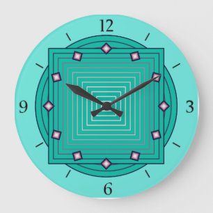 Grande Horloge Ronde Art déco bleu géométrique, d'Aqua et de turquoi