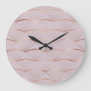 Grande Horloge Ronde Art déco, carrelage de ventilateur en or rose.