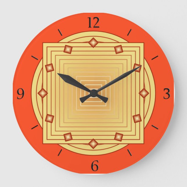 Grande Horloge Ronde Art déco géométrique, mandarin orange et jaune (Recto)