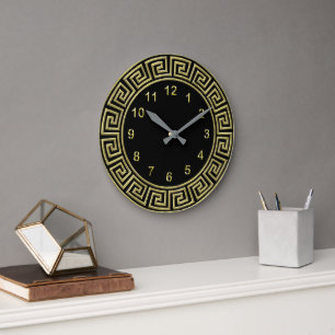 Grande Horloge Ronde Art Deco Gold Black Greek Key Border Gold Markers