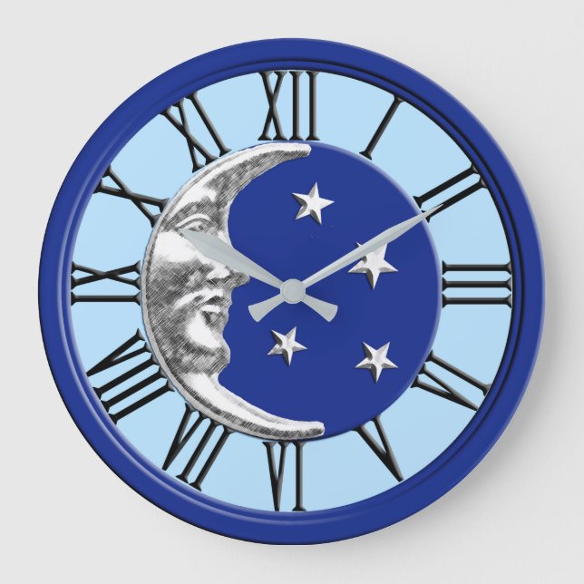 Grande Horloge Ronde Art Déco Lune et Etoiles - Bleu Cobalt et Argent (Recto)