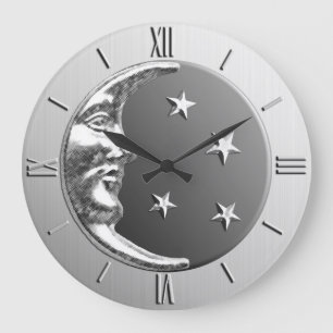 Grande Horloge Ronde Art Déco Lune et Étoiles - gris / gris et argent