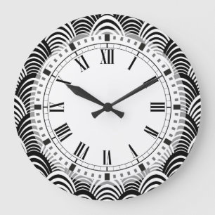 Grande Horloge Ronde Art déco noir et blanc Palm Frond Classic