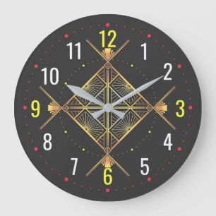 Grande Horloge Ronde Art Déco Noir et Or - Visions modernes Géométrique