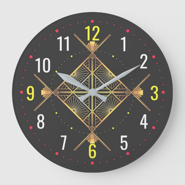 Grande Horloge Ronde Art Déco Noir et Or - Visions modernes Géométrique (Recto)