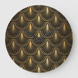 Grande Horloge Ronde Art Déco, or noir, motif sans soudure.