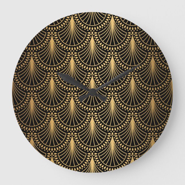 Grande Horloge Ronde Art Déco, or noir, motif sans soudure. (Recto)