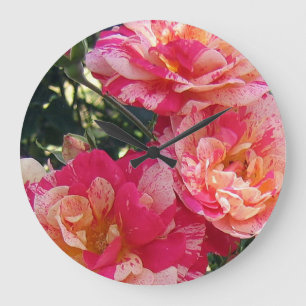 Grande Horloge Ronde Art Floral Rose rayé rose et blanc