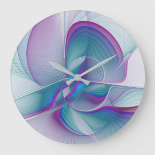 Grande Horloge Ronde Art Fractal Abstrait rose bleu turquoise
