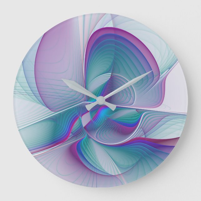 Grande Horloge Ronde Art Fractal Abstrait rose bleu turquoise (Recto)