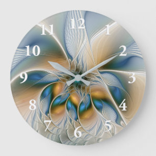 Grande Horloge Ronde Art fractal de fantaisie abstraite avec du bleu