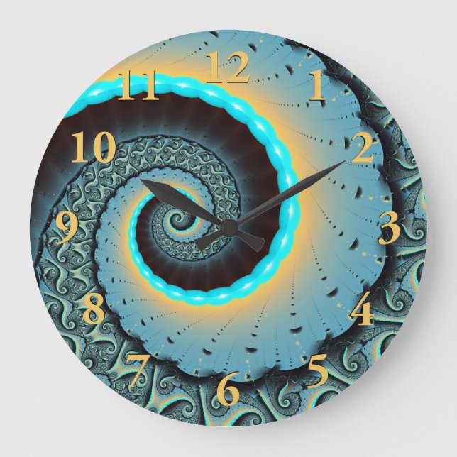 Grande Horloge Ronde Art fractal spirale abstrait bleu turquoise orange (Recto)
