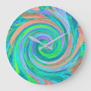 Grande Horloge Ronde Art liquide tourbillonnant rétro aquamarine et cor