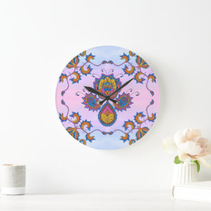 Grande Horloge Ronde Art Mehndi Bleu et Violet, Bliss Floraux Bleus