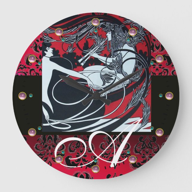 Grande Horloge Ronde ART NOUVEAU FAUN Bourgogne rouge, Damas noir (Recto)