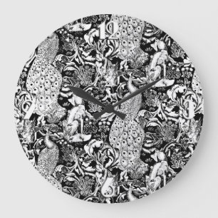 Grande Horloge Ronde Art Nouveau Peacock Print, noir et blanc