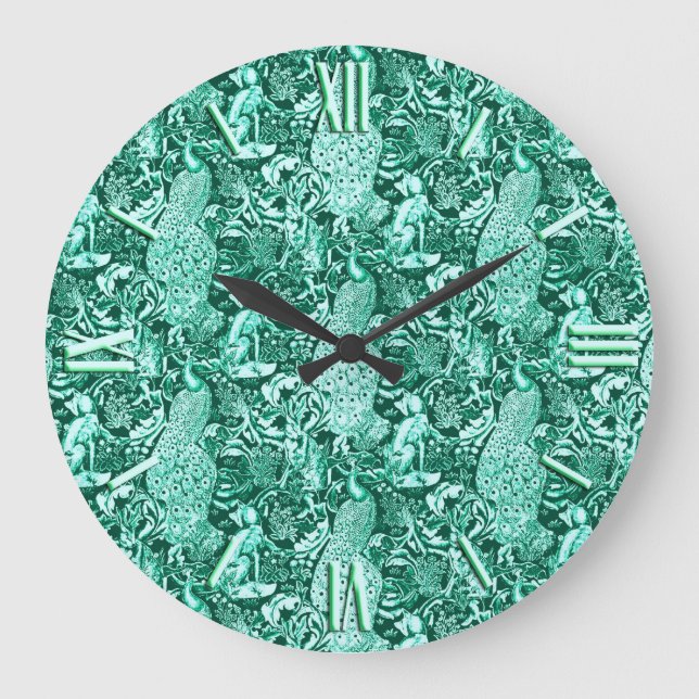 Grande Horloge Ronde Art Nouveau Peacock Print, Turquoise et Aqua (Recto)