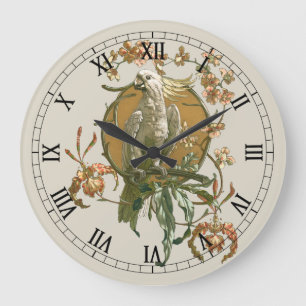 Grande Horloge Ronde Art Nouveau vintage, oiseau cacatoès, fleurs d'orc