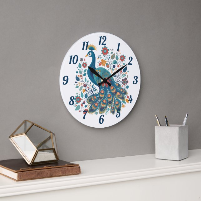 Grande Horloge Ronde Art populaire scandinave de Boho Peacock (Bureau)