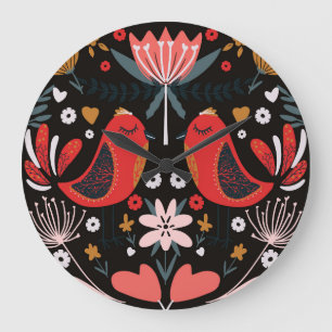 Grande Horloge Ronde Art populaire scandinave : Oiseaux colorés.