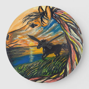 Grande Horloge Ronde Art Sunset Cheval Sauvage - Œuvre d'art faite main