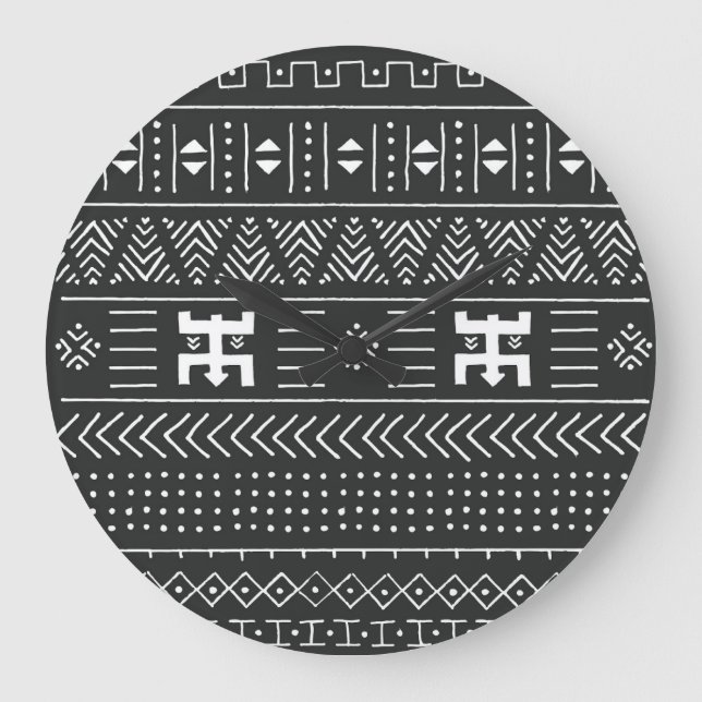 Grande Horloge Ronde Art Tribal Africain : Géométrique Noir & Blanc (Recto)