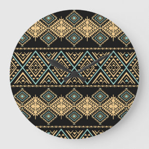 Grande Horloge Ronde Art tribal, géométrique ethnique, motif coloré.