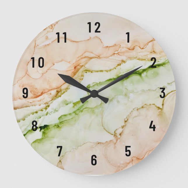 Grande Horloge Ronde Art vert Abstrait Peach (Recto)