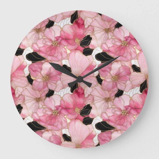 Grande Horloge Ronde Artistic Pink Blooms Black Ink Abstract (Recto)