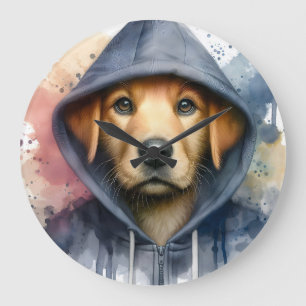Grande Horloge Ronde Artwork d'aquarelle Chien Brown dans une plaque Sw