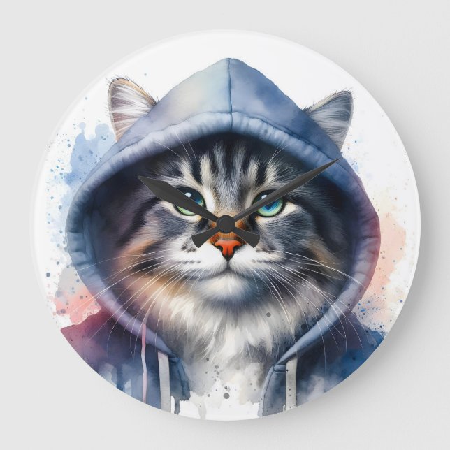 Grande Horloge Ronde Artwork d'aquarelle Tabby Chat dans une plaque Swe (Recto)