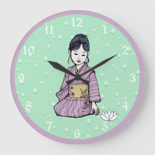 Grande Horloge Ronde Asiatique fille en Mauve rose Kimono Blanc Lotus E