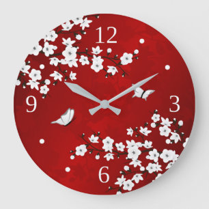 Grande Horloge Ronde Asie Floral blanc cerisier rouge