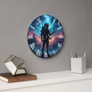 Grande Horloge Ronde Astronaute Cyberpunk Futuriste Nébuleuse Espace Un