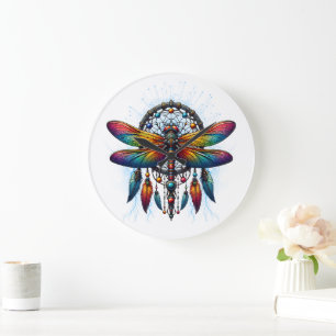 Grande Horloge Ronde Attrape-rêves Dragonfly Psychédélique Coloré Bohèm