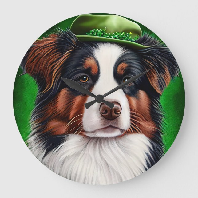 Grande Horloge Ronde Australian Shepherd dog en tenue de St. Patrick's  (Recto)