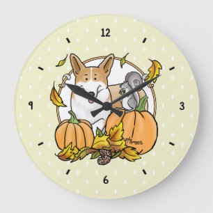 Grande Horloge Ronde Automne Pembroke Welsh Corgi (rouge 1) Citrouille 